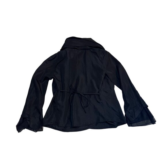 OJBOX Elegant Black Sheer Ruffle Collar Long Sleeve Blouse With Tie Waist - Picture 3 of 5